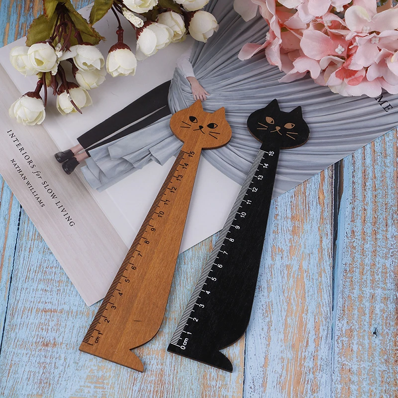 Wooden 2pcs Lytwtw's New Cat Straight Ruler Kawaii Korean Office School Kitten Cartoon Drawing Gift | Канцтовары для офиса и