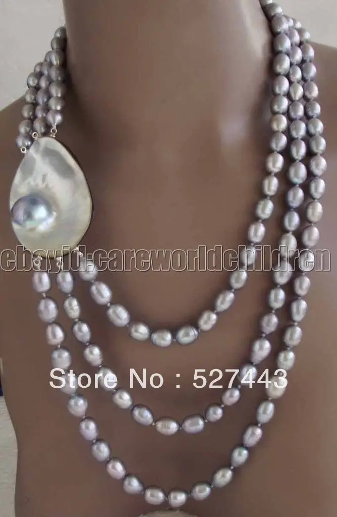 Grey Rice 10-11mm FW Pearl Mabe Pearl Pendant 3 Rows Beautiful Necklace & Gray Shell clasp
Grey Rice 10-11mm FW Pearl Mabe Pearl Pendant 3 Rows Beautiful Necklace & Gray Shell clasp