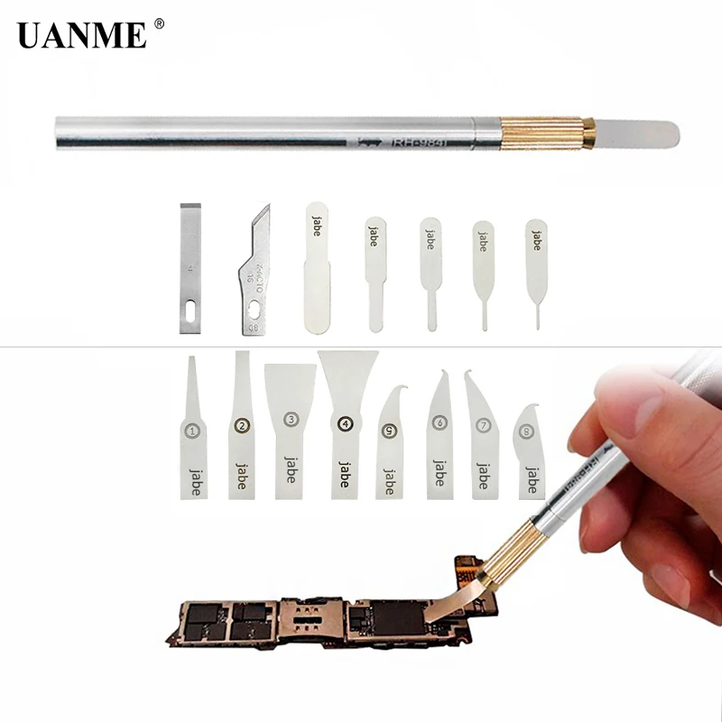 UANME 16 in 1 IC Chip Repair Thin Blade CPU Remover Metal Handle for iPhone Processors NAND Flash Logic Board Repair Tool
UANME 16 in 1 IC Chip Repair Thin Blade CPU Remover Metal Handle for iPhone Processors NAND Flash Logic Board Repair Tool