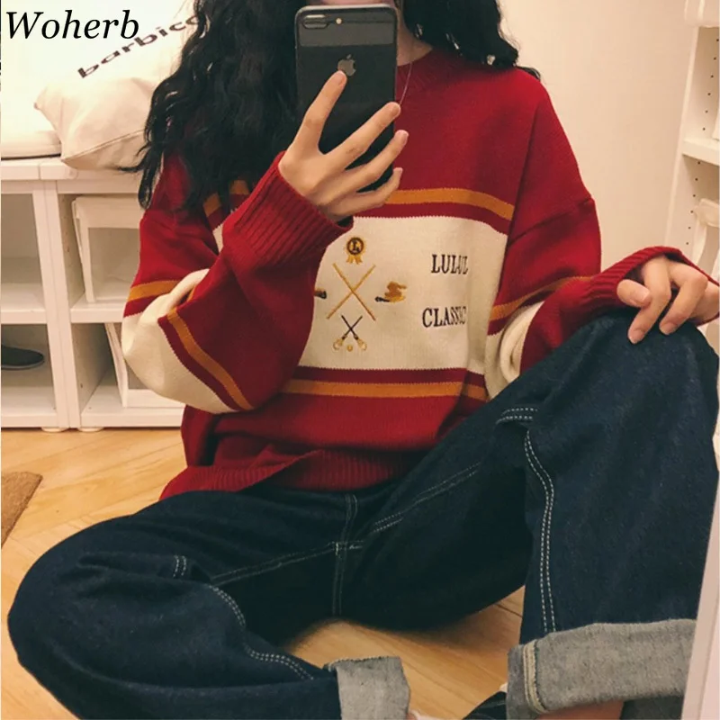 Woherb 2019 Female Korean Harajuku Striped Sweater Womens Pullover Kawaii Ulzzang Embroidery Jumper Clothing for Women 22873
Woherb 2019 Female Korean Harajuku Striped Sweater Womens Pullover Kawaii Ulzzang Embroidery Jumper Clothing for Women 22873