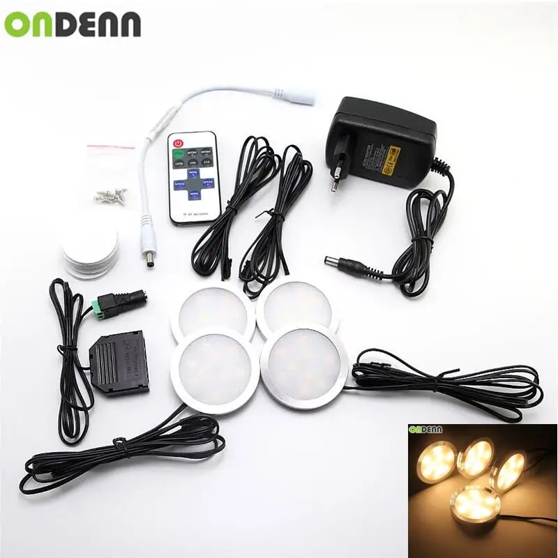 LED Cabinet Light Puck Lights Downlight Spotlights with Wireless RF Remote Control Dimmable for Furniture Lighting 4pcs | Освещение