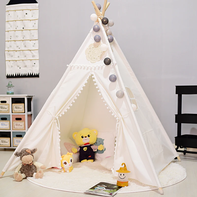 4-Pole Plain White Canvas Vintage Pom Pom Kids Teepee Play Tent Tipi Tent for Kids
4-Pole Plain White Canvas Vintage Pom Pom Kids Teepee Play Tent Tipi Tent for Kids