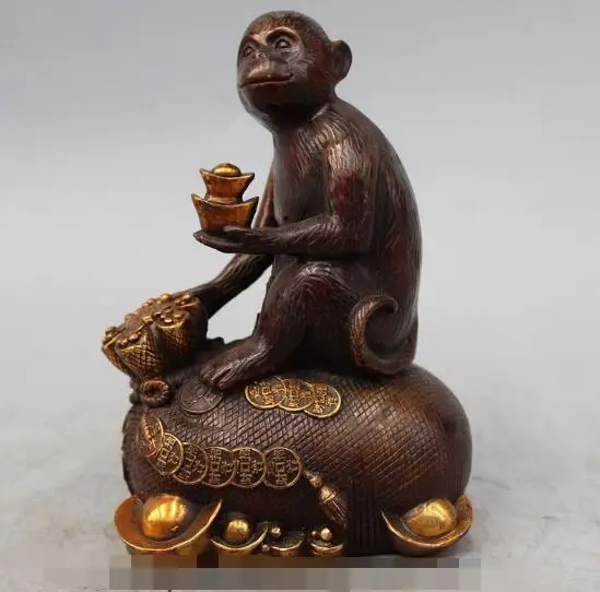 S3121 9" Chinese Bronze Gild Coin moneybag Zodiac Year Monkey Animal Statue sculpture