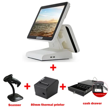 

dual all in one POS terminal with 15 inch+12inch screen sell with 80mm thermal bill printer and cash drawer as well as scanner