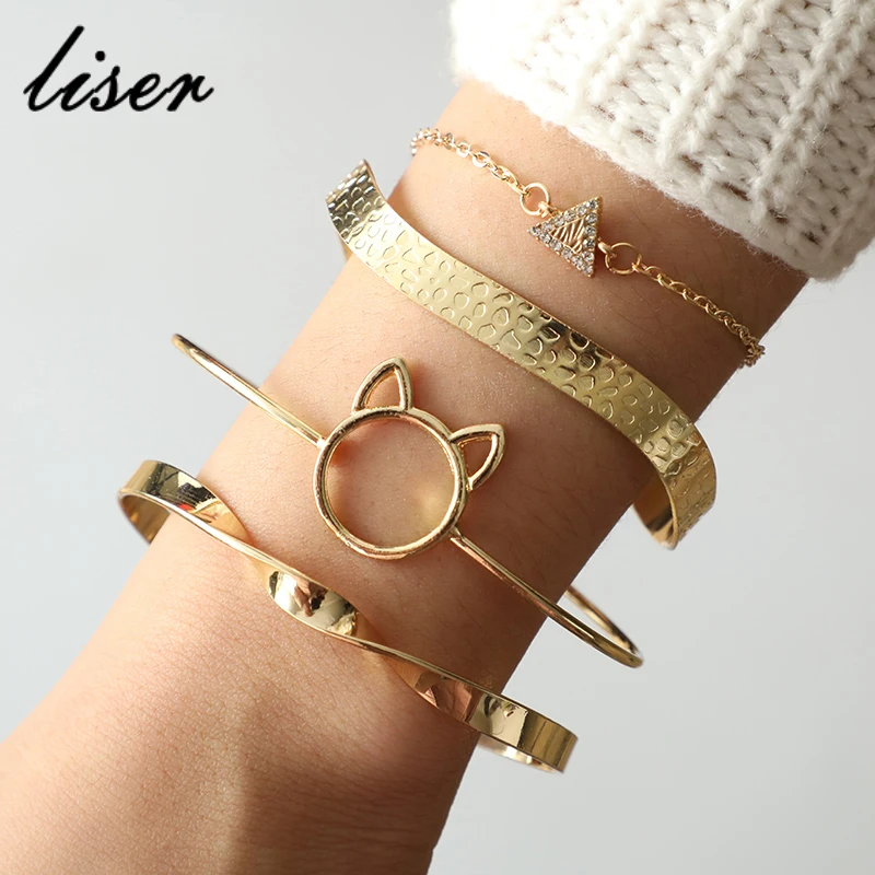 4 PCS Gold Color Cute Cat Triangle Curve Shape Layered Bangle Set for Women Open Adjustable Charms Bracelets Set Jewelry
4 PCS Gold Color Cute Cat Triangle Curve Shape Layered Bangle Set for Women Open Adjustable Charms Bracelets Set Jewelry