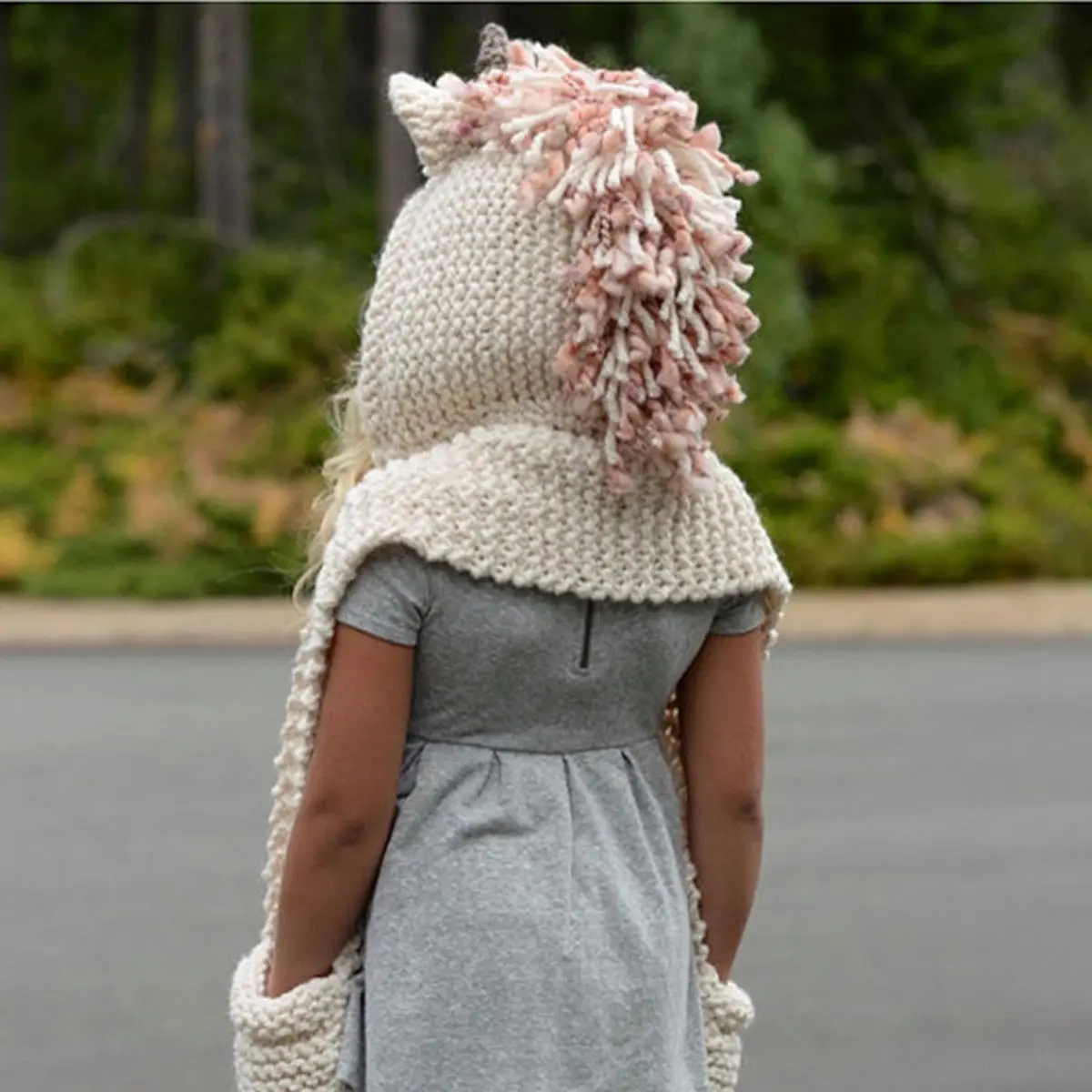 Cute Girls Crochet Cartoon Unicorn Tassel Winter Hat with Scarf Hooded Knitting