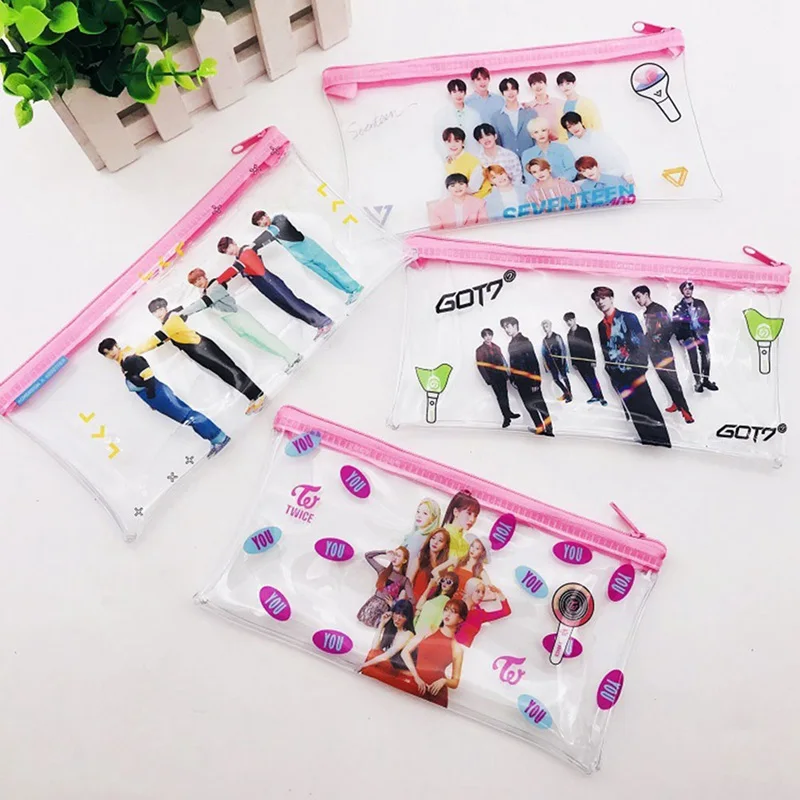 

New Kpop BLACKPINK GOT7 TWICE TXT SEVENTEEN Transparent Storage Bag Pink Pencil Case Size 19.5*10*2CM Hot Sale