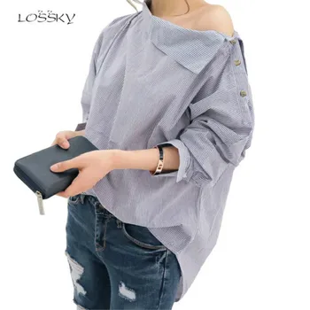 Autumn Women Striped Shirt Sexy Oblique Collar Blouses Loose Long-sleeved Female Shirts Slash Neck Blouse Fashion Cotton Tops
Autumn Women Striped Shirt Sexy Oblique Collar Blouses Loose Long-sleeved Female Shirts Slash Neck Blouse Fashion Cotton Tops