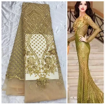 (5yards/pc) fashion design gold French net lace fabric with luxury glass beads and sequins for Haute Douture party dress FGY21 
(5yards/pc) fashion design gold French net lace fabric with luxury glass beads and sequins for Haute Douture party dress FGY21