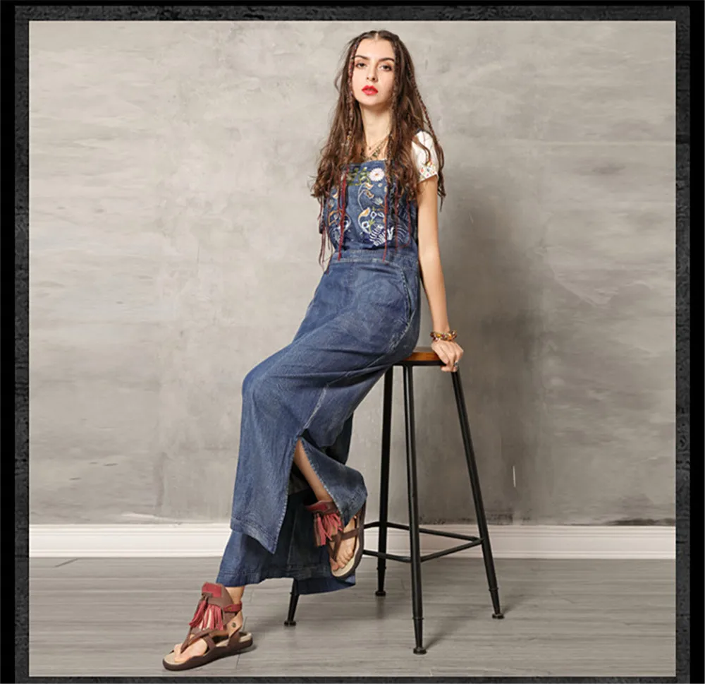 Vintage Jumpsuit Women 2019 Boho New Women Spaghetti Strap Bodysuit Denim Summer Embroidery Wide Leg Jumpsuits K306DZ Bodysuits (8)