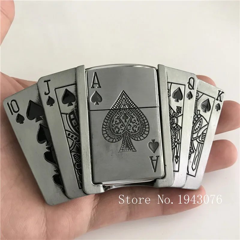 Retail New Spades 10JQKA Playing Cards Kerosene Lighter Cowboy Belt Buckles With Metal Man Jeans accessories For 4cm Wide Belt
Retail New Spades 10JQKA Playing Cards Kerosene Lighter Cowboy Belt Buckles With Metal Man Jeans accessories For 4cm Wide Belt
