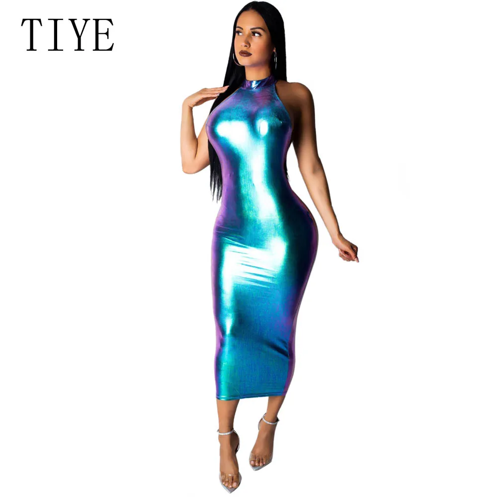 TIYE Summer Peacock Blue Halter Dress Women Backless Sleeveless Sexy Reflective Maxi Dress Sheath Night Club Party Dresses
TIYE Summer Peacock Blue Halter Dress Women Backless Sleeveless Sexy Reflective Maxi Dress Sheath Night Club Party Dresses