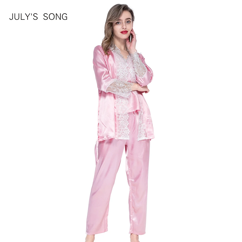 JULY'S SONG 3 Pieces Woman Spring Pajamas Set Sexy Lace Sling Satin Faux Silk Embroidery Sleep Lounge Pyjama With Chest Pads
JULY'S SONG 3 Pieces Woman Spring Pajamas Set Sexy Lace Sling Satin Faux Silk Embroidery Sleep Lounge Pyjama With Chest Pads