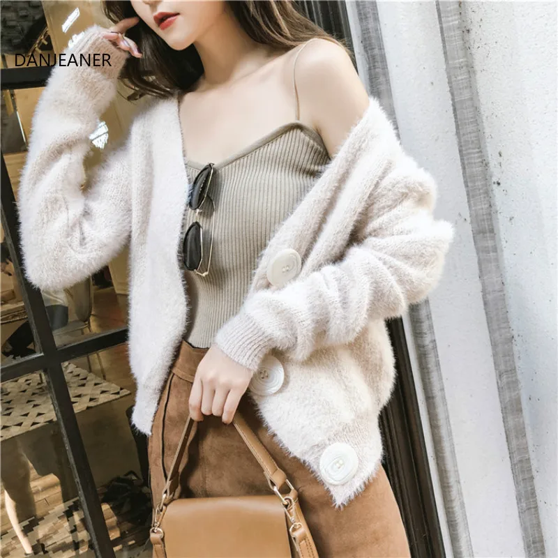 DANJEANER Korean Style Women Solid Mohair Short Cardigan Autumn Winter Warm Fashion V Neck Knitted Sweaters Pull Femmee Jackets |