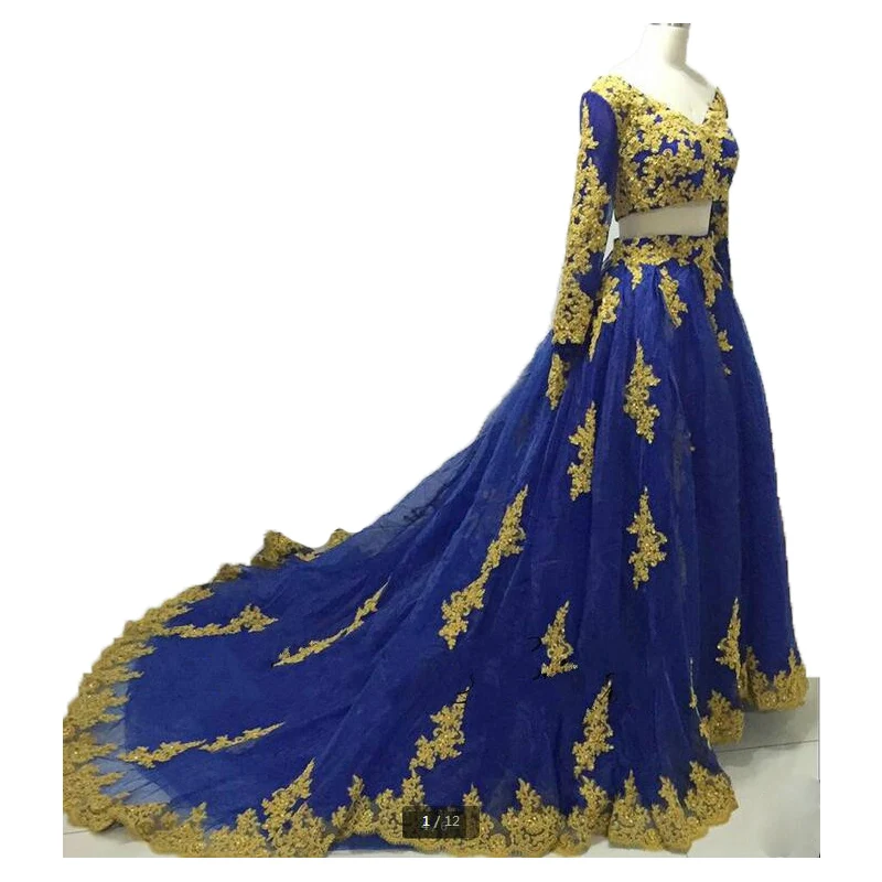 blue and gold two piece prom dress