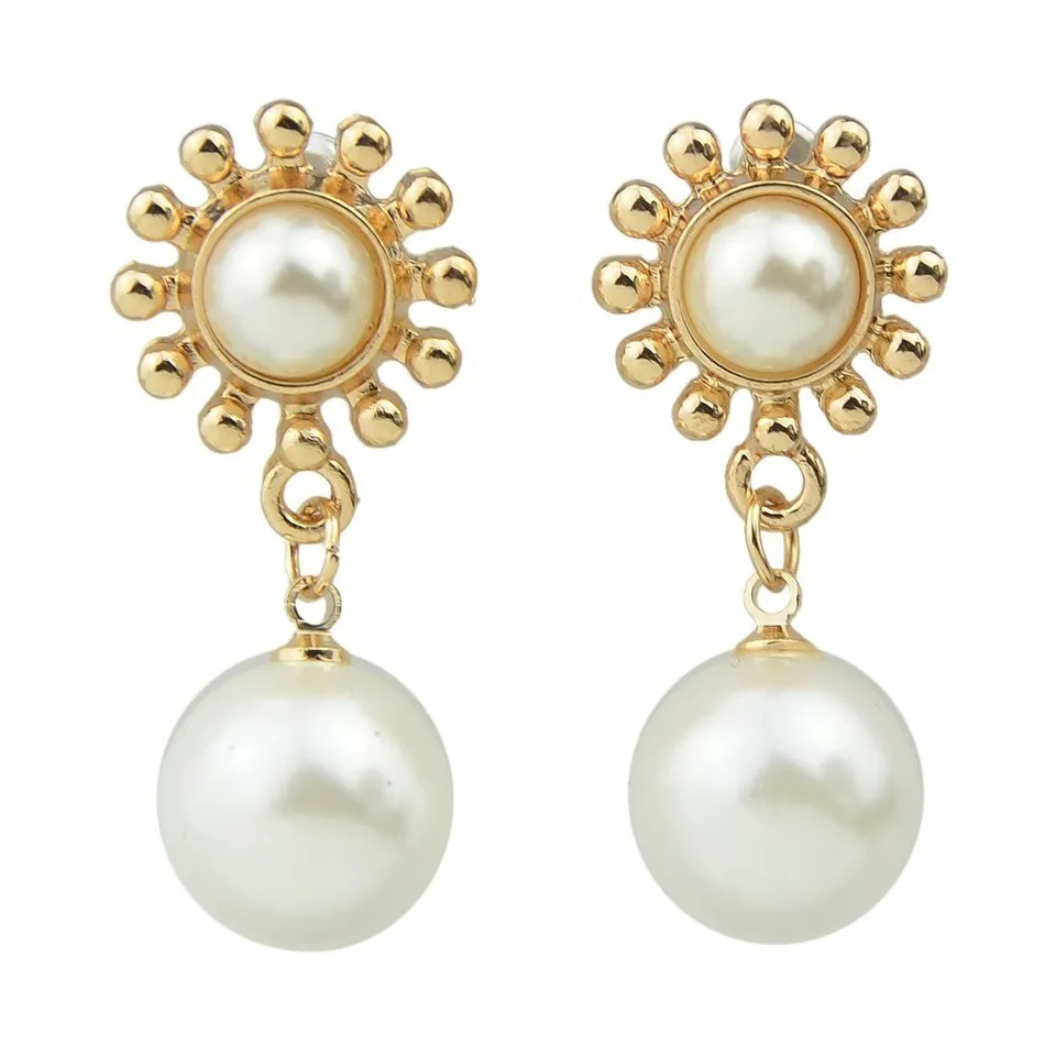 Luxury Brand Women Jewelry Simulated-pearl Lovely Drop Earrings Gold-Color Flower Shape Long Dangle for Bijoux | Украшения и