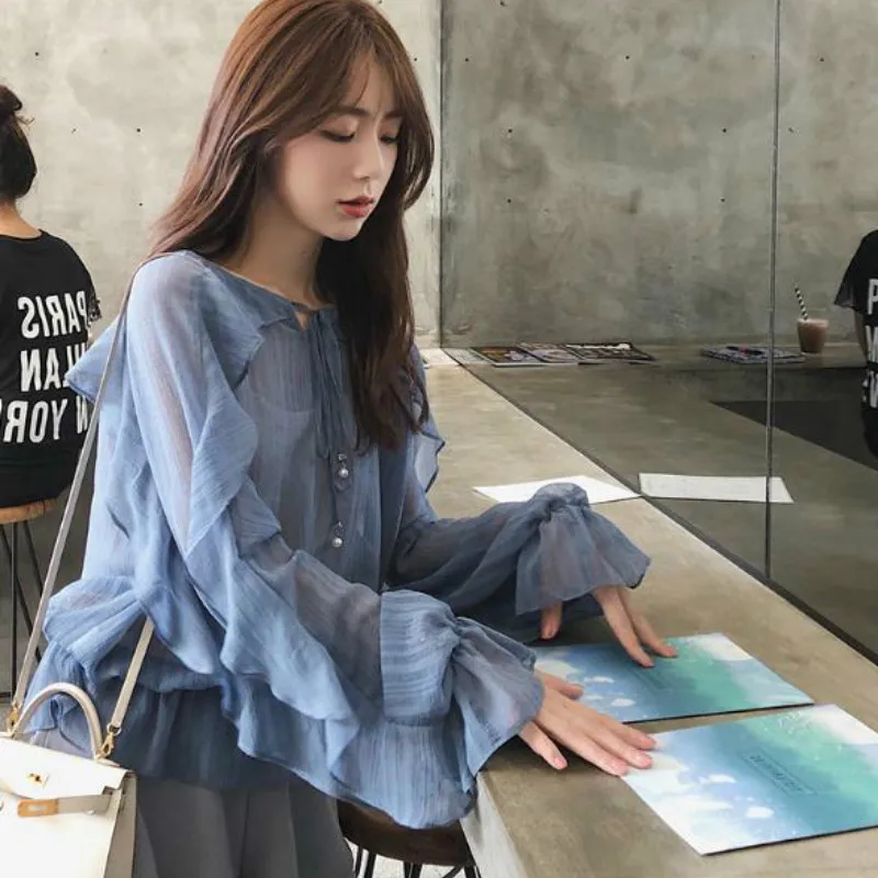 Sweet Spring Ruffles Chiffon Shirts Lace Up Pleated Lantern Sleeved Blouses OL fold Single-breasted Flounce Tops 2018 Summer
Sweet Spring Ruffles Chiffon Shirts Lace Up Pleated Lantern Sleeved Blouses OL fold Single-breasted Flounce Tops 2018 Summer