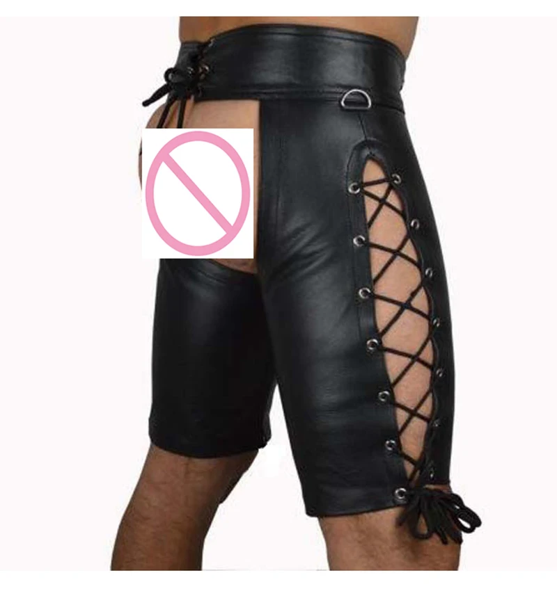 2019 Sexy Lingerie New Hot Black Mens Latex PVC Bondage Open Cortch Shorts Gothic Fetish Gay Men Faux Leather Lace Up Pants (6)