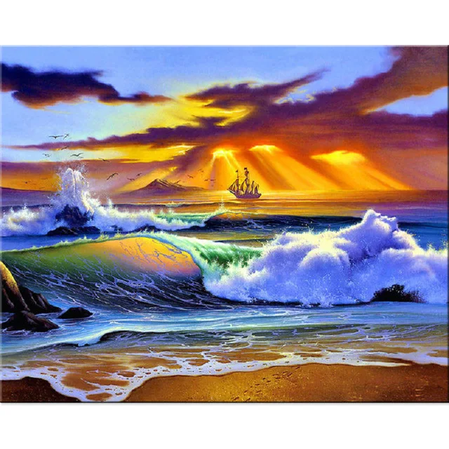 5D Sea Sunset landscape Diamond Painting Landscape Mosaic Arts Crafts Hobby Decoration Round Embroidery | Дом и сад