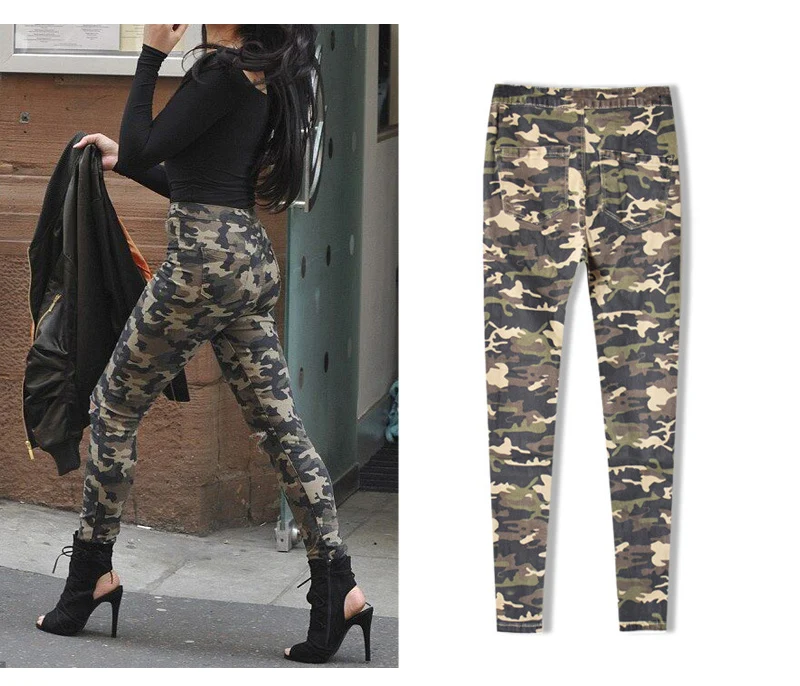 2017 New Brand Women Fitness Cloth Camouflage High Waist Elastic Stretch Holes Jeans Pencil Pants Street Style Denim Trousers (9)