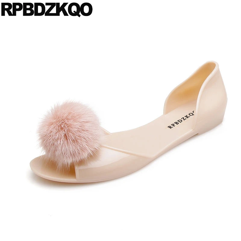 Фото Women Sandals 2021 Summer Cheap Slip On Rubber Clear Beach Jelly Peep Toe Embellished Flat Soft Pom Transparent Pink Shoes Pvc | Обувь