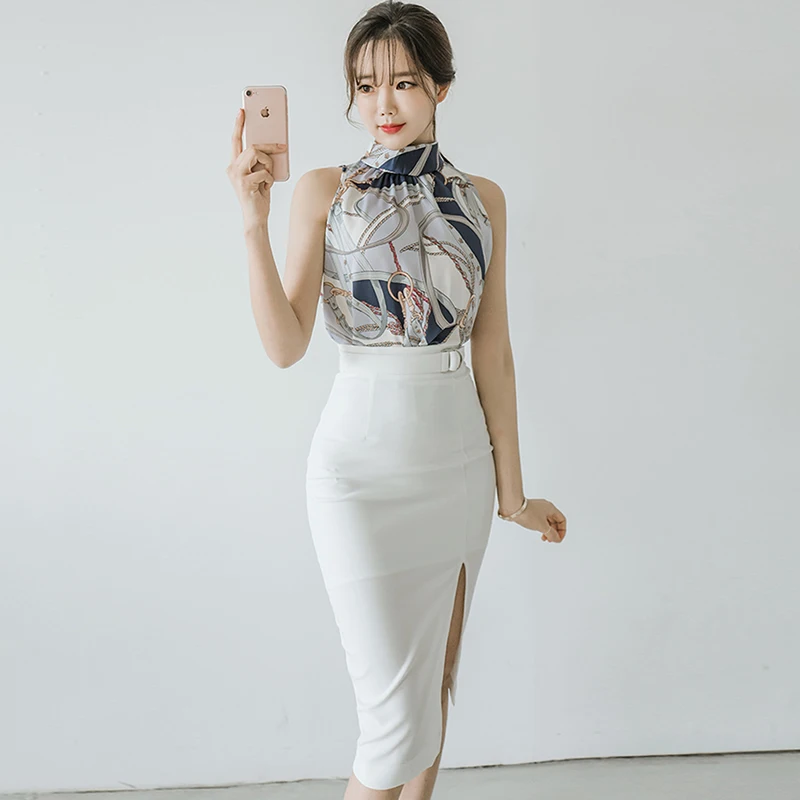 Summer Sleeveless Stand Neck Print Chiffon Blouse White Midi Skirt Two Piece Bodycon Sexy Pencil Work Suit Dress
Summer Sleeveless Stand Neck Print Chiffon Blouse White Midi Skirt Two Piece Bodycon Sexy Pencil Work Suit Dress