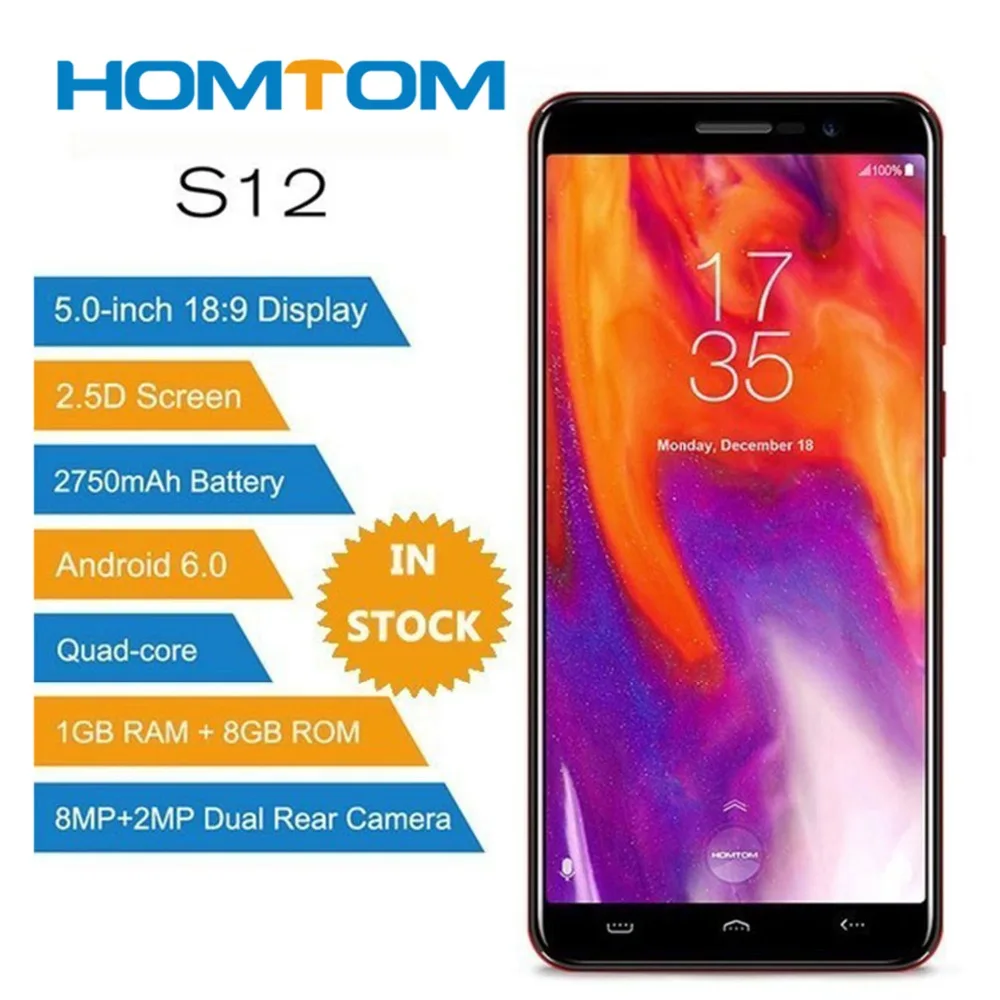 

Homtom S12 Mt6580 Quad Core Android 6.0 Smartphone 5.0 Inch 18:9 Display Dual Back Cameras 1gb Ram 8gb Rom 3g Mobile Phone