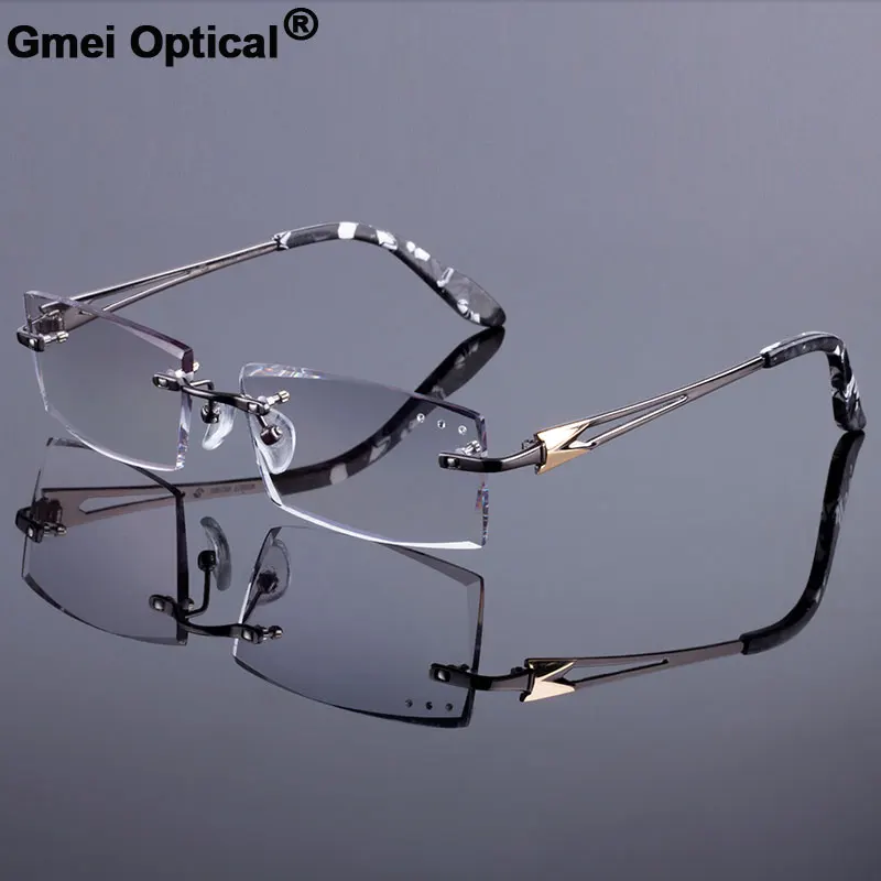 

Trendiest Men Style Frame Women Titanium Alloy Optical Frame Diamond Trimming Cut Rimless Spectacles With Gradient Tint Lenses