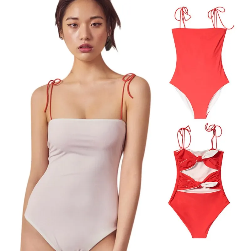 Women Sexy Slim Bow Sling Strap Triangle Bikini Summer Open back Gathered High Waist Double-faced Wear Swimsuit | Спорт и