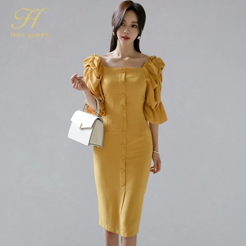 H Han Queen Summer Pencil Office Dress Women 2019 Yellow Backless Single-breasted Dresses OL Sexy Split Sheath Bodycon Vestidos
H Han Queen Summer Pencil Office Dress Women 2019 Yellow Backless Single-breasted Dresses OL Sexy Split Sheath Bodycon Vestidos