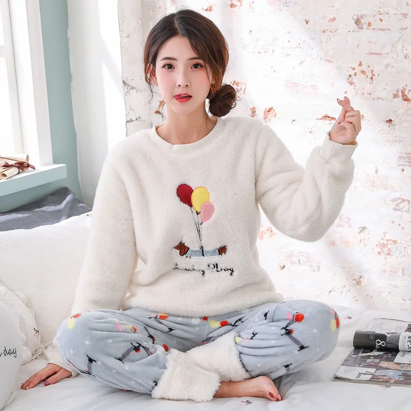 Фото JINUO New Arrival Product Cute Cartoon Printed Women Winter Plush Pajama Sets Young Ladies Warm Lovely Soft Home Wear Sleepwear | Женская