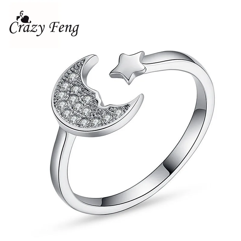 

Crazy Feng Silver Color Star Moon Love Adjustable Rings Bijoux Luxury Concise Crystal Wedding Engagement Rings For Women Lover