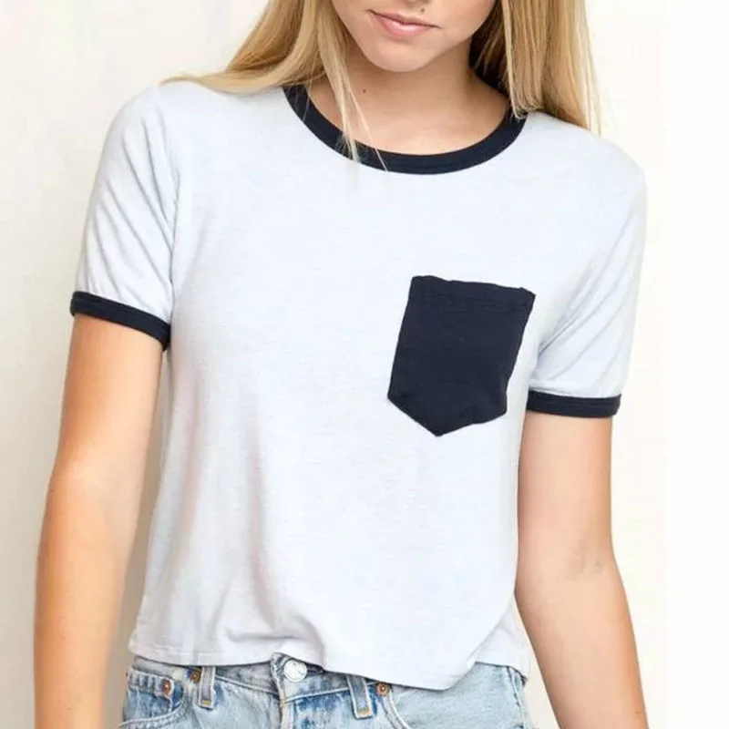 2019 summer European style loose summer hit color stitching chest pocket lo shi short T-shirts women 
2019 summer European style loose summer hit color stitching chest pocket lo shi short T-shirts women