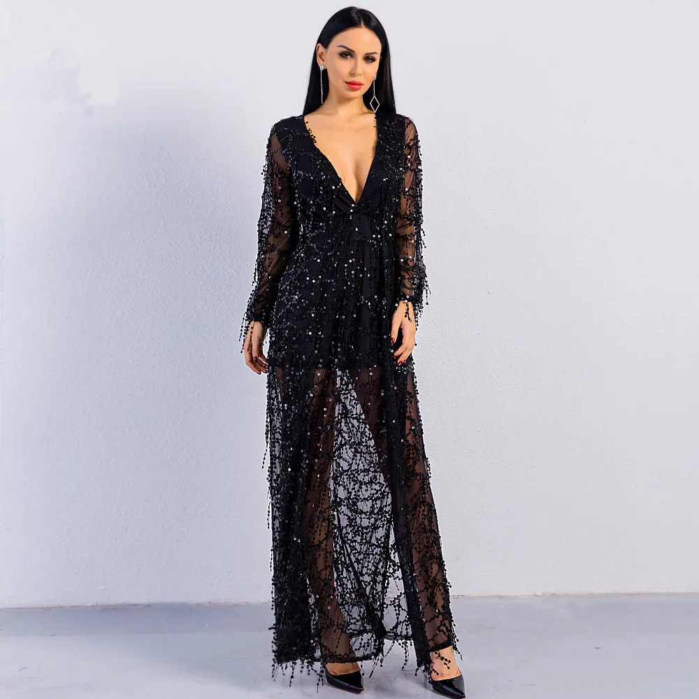 Black Tassel Long Sleeve Dress Elegant Celebrity Sexy Elegant Low bosom Night Club Sequin Slit Evening Party Dresses Women
Black Tassel Long Sleeve Dress Elegant Celebrity Sexy Elegant Low bosom Night Club Sequin Slit Evening Party Dresses Women