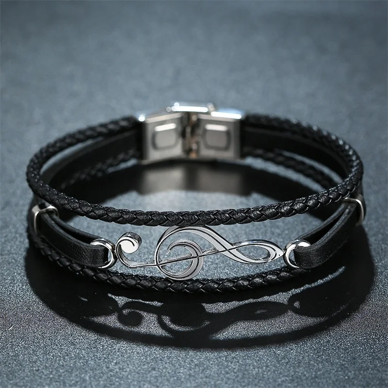 AZIZ BEKKAOUI Unique Punk Stainless Steel Musical Notes Bracelets Male Leather Bracelet for Women Rope Bangle Drop shipping 13