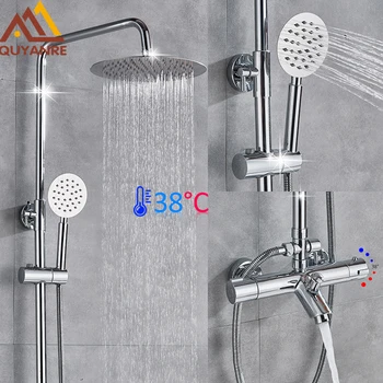 

Quyanre Chrome Thermostatic Shower Faucets Set Bathtub Faucets Hot Cold Mixer Tap Dual Handles Mixer Tap Bath Shower Faucet Tap