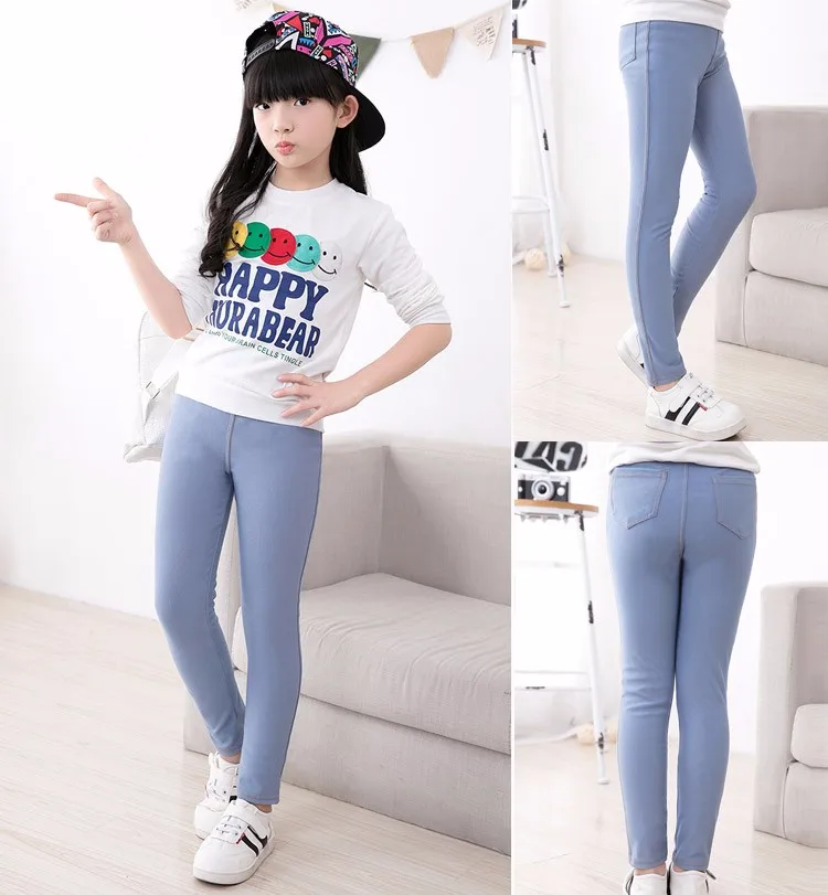 SheeCute New Spring Summer Fashion Girls Pencil knit Imitation denim fabric Jeans Kids Candy Colore Mid Waist Full Length pants 22
