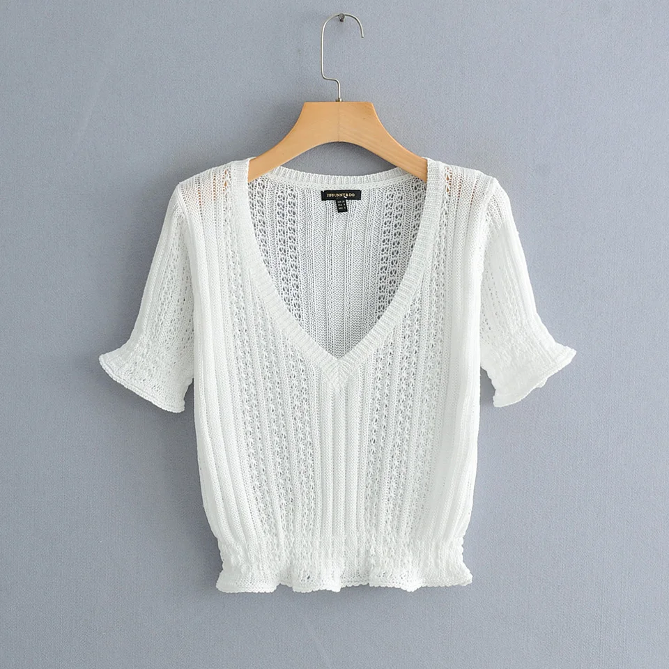 Women Knitted Blouses and Tops Shirt 2019 Summer Short Sleeve V-Neck Hollow Out Female White Casual camisa blusas Blouse Top
Women Knitted Blouses and Tops Shirt 2019 Summer Short Sleeve V-Neck Hollow Out Female White Casual camisa blusas Blouse Top