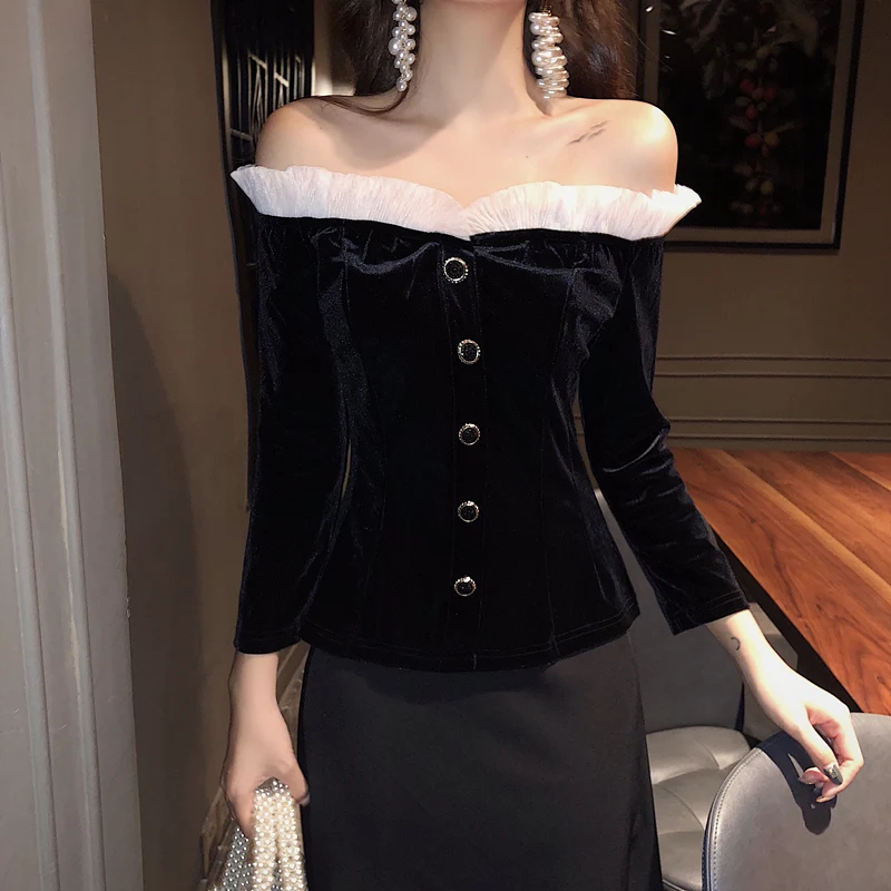 Women's Ruffled Slash Neck Buttons Velour Tube Shirts Blouses Girl Full Sleeve Slim Stretchy Blouse Shirt Top for Female
Women's Ruffled Slash Neck Buttons Velour Tube Shirts Blouses Girl Full Sleeve Slim Stretchy Blouse Shirt Top for Female