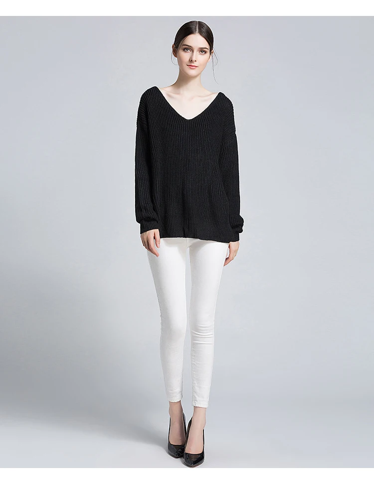 European and American women's spring and autumn and winter new solid color V-neck pullover sweater sexy leak-back sweater (5)