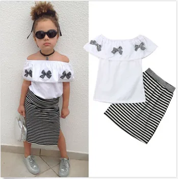 2-7Y Fashion Kid Baby Girl 2Pcs Outfits Summer Girl Off Shoulder Bow Tops T-Shirts Striped Body Skirts Girl Clothes Sets
2-7Y Fashion Kid Baby Girl 2Pcs Outfits Summer Girl Off Shoulder Bow Tops T-Shirts Striped Body Skirts Girl Clothes Sets