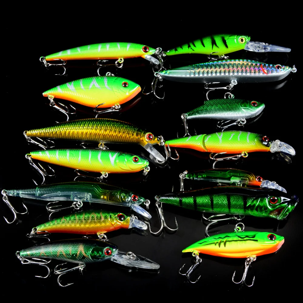 Image New 14pcs Set Fishing Lures Mixed 14 Different  Style Hard Bait Carp Fishing Artificial Plastic Wobbler Fishing Tackle