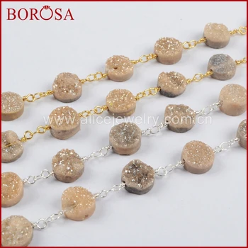 

BOROSA Gold Color Or Silver Silver 10mm Round Agates Titanium Champagne Druzy Beads Wire Wrapped Rosary Chain DIY Jewelry JT156