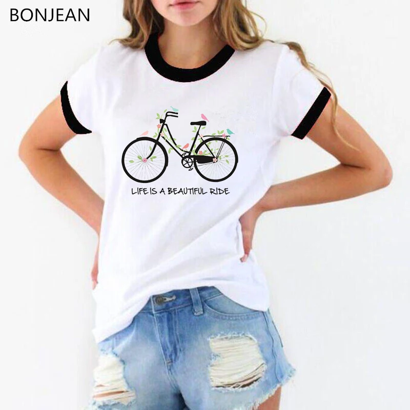 

2024 Summer T Shirt women Bicycle Leaves Birds printed Tshirt harajuku kawaii t shirts white funny top female tee shirt