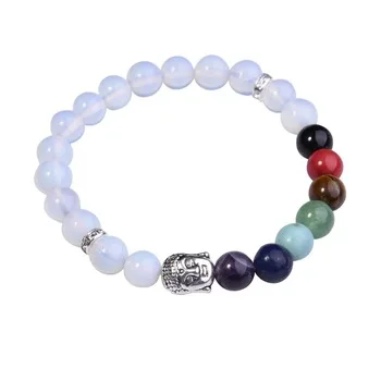 2017 Fashion Opalite opal Buddhism Bracelet with Silver Buddha Head and 7 Chakra Crystal Prayer Buddhist Jewelry Bangle in box