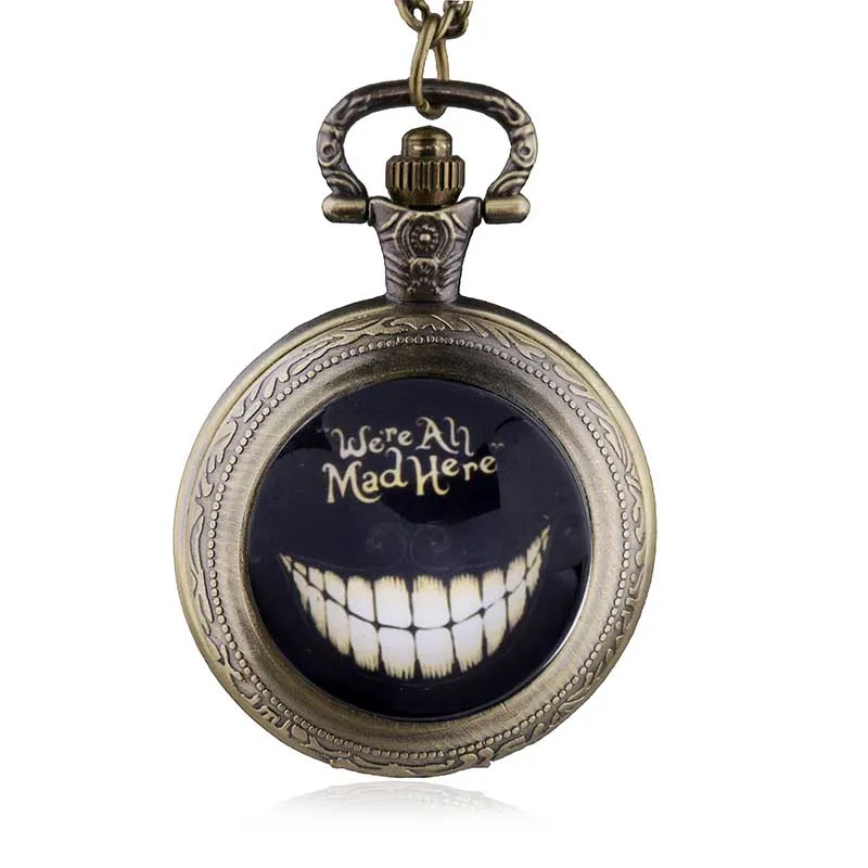 

New Alice in Wonderland We're All Mad Here Quartz Pocket Watch Analog Pendant Necklace Mens Womens Gift