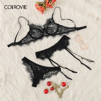 

COLROVIE Black Eyelash Lace Garter Transparent Lingerie Set 2019 Wireless Underwear Bra Set Thongs And V-Strings Women Intimates