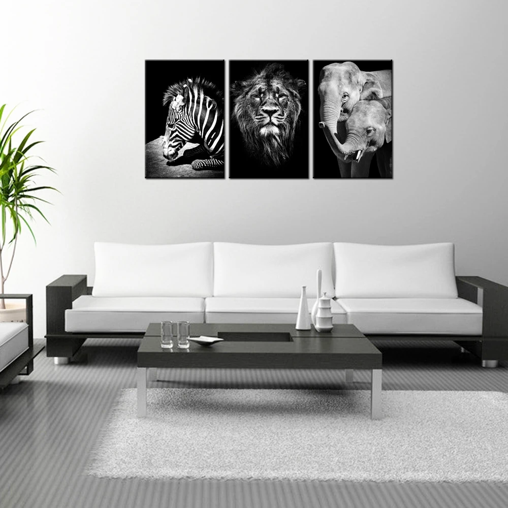 3-Piece-Canvas-Wall-Art-Poster-Print-Wildlife-Elephant-Zebra-Pictures-Black-White-Lion-Head-Portrait