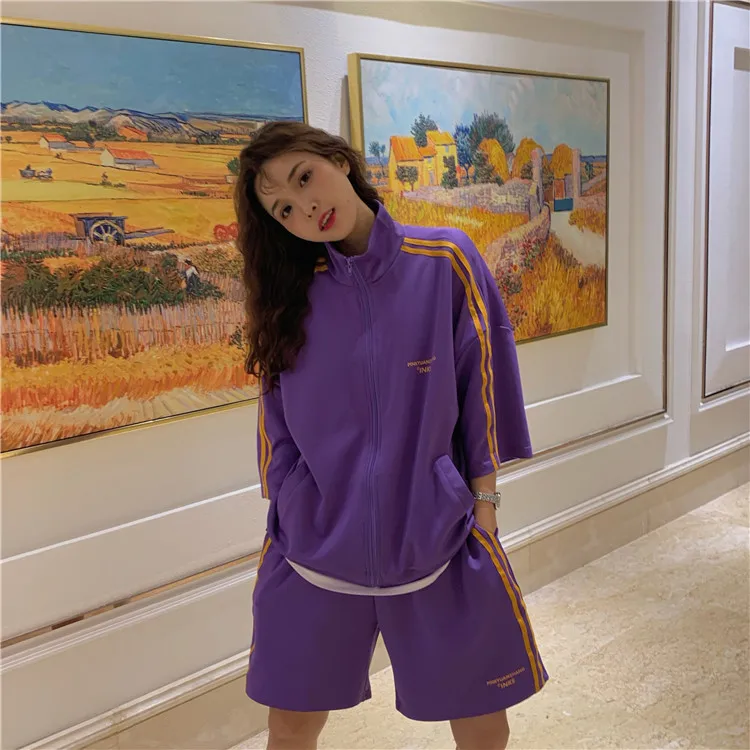 2019 New Korea Fashion Women Summer Tracksuits Zip Closure Short Sleeve Tops and Above Knee Shorts Two Piece Suits Purple Black
2019 New Korea Fashion Women Summer Tracksuits Zip Closure Short Sleeve Tops and Above Knee Shorts Two Piece Suits Purple Black
