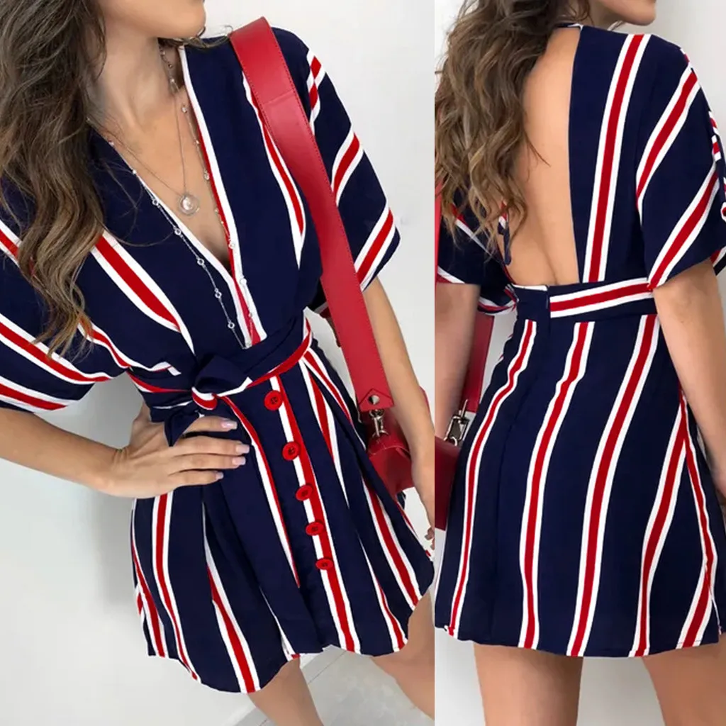 Hot Selling New 2019 Fashion Women V Neck Summer Dress Short Sleeve Casual Stripe Printed Mini Dress
Hot Selling New 2019 Fashion Women V Neck Summer Dress Short Sleeve Casual Stripe Printed Mini Dress